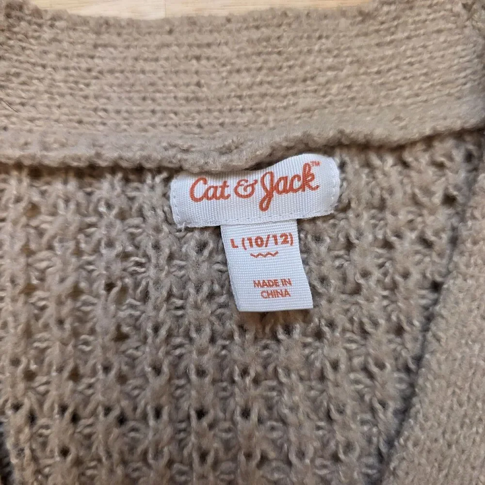Cat & Jack Girls L 10/12 Taupe Waffle Knit Button Front Cardigan Sweater